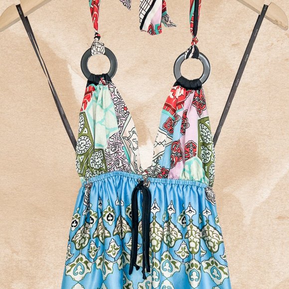 1980s Boho Silk Mini Dress - Vintage Halter Neck Dress - Size Small - 100% Silk - Picture 4 of 9